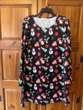 First Lady Black Holiday Print Long-Sleeve Dress with Festive Motifs XL
